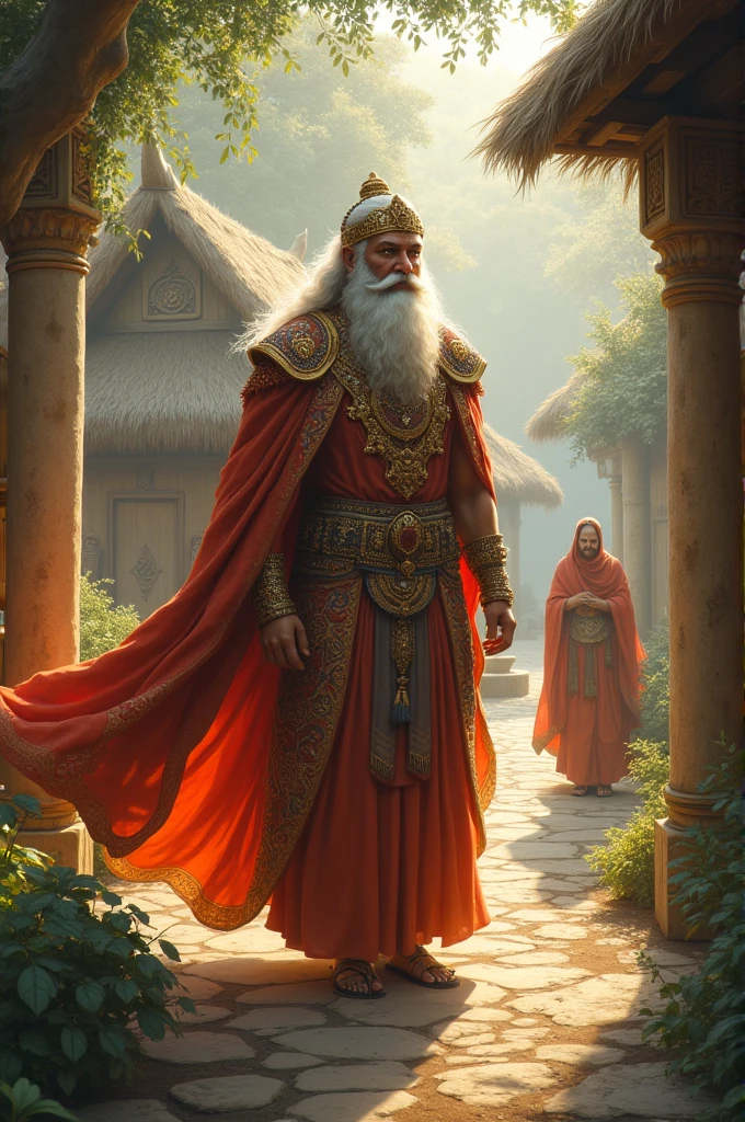 King Vishwamitra Arriving at Vashistha's Ashram**: King Vishwamitra, dressed in royal attire, arriving at Rishi Vashistha’s simple yet peaceful ashram. The contrast between the king’s grandeur and the ashram’s simplicity is striking.