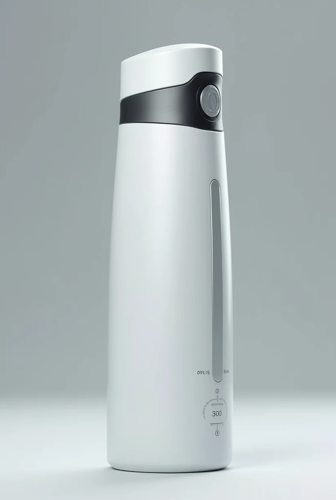 A thermos bottle that has advanced technology such as the option to cool with stored ice and buttons that change the temperature and signal in white stainless steel that can be refilled.
