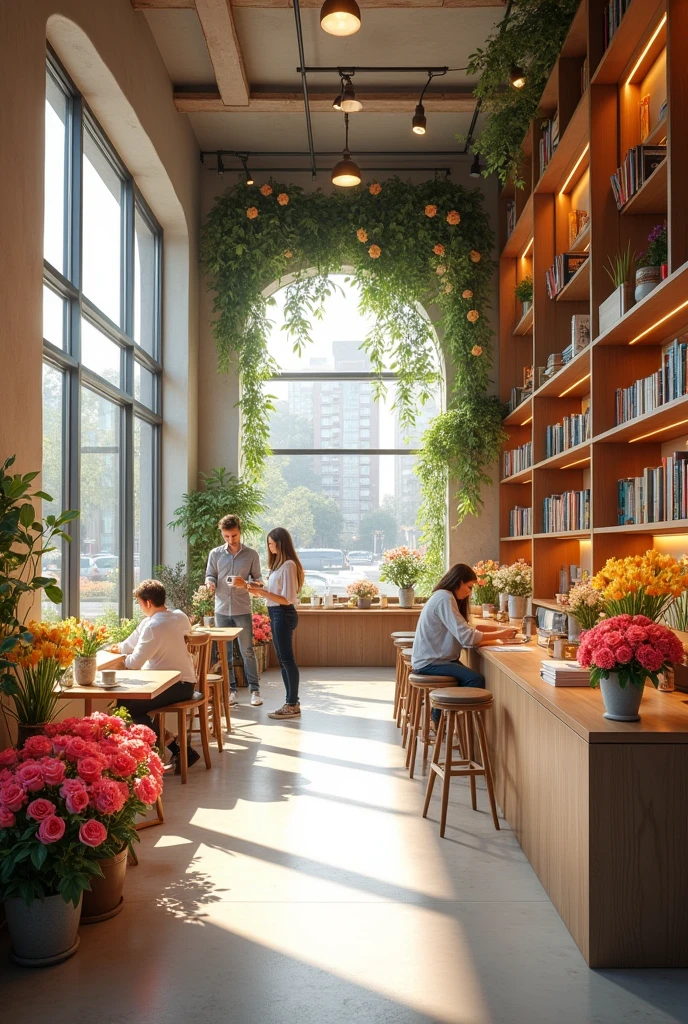Interior building of a modern aesthetic and a light vibe of café with flower shop (flowers are mostly roses, tulips, etc.) and book shop. EMPHASIZING the name of the shop "BLOOM & BREW BIBLIOTHECA".