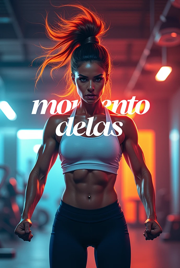 Promotional art " Their moment". There must be a woman doing some physical activity inside a gym, and it should say Momento Delas".