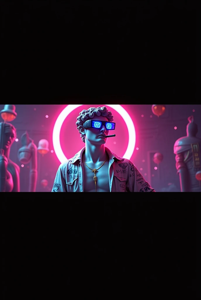A striking digital artwork that masterfully blends classical Greek sculpture with futuristic cyberpunk elements, reimagining the iconic David figure as a bold, edgy character. The figure dons a graffiti-style jacket, a vibrant red circle headpiece, and 3D virtual reality glasses, exuding a modern flair. A luminescent neon cigarette adds a touch of surrealism, while a golden necklace symbolizes the eternal connection between past and present. Set against a mesmerizing collage of neon lights, digital illustrations, and high-contrast illumination, the background creates a nostalgic yet innovative atmosphere. This groundbreaking piece expertly merges traditional artistry with modern technology, challenging artistic conventions and sparking the imagination.