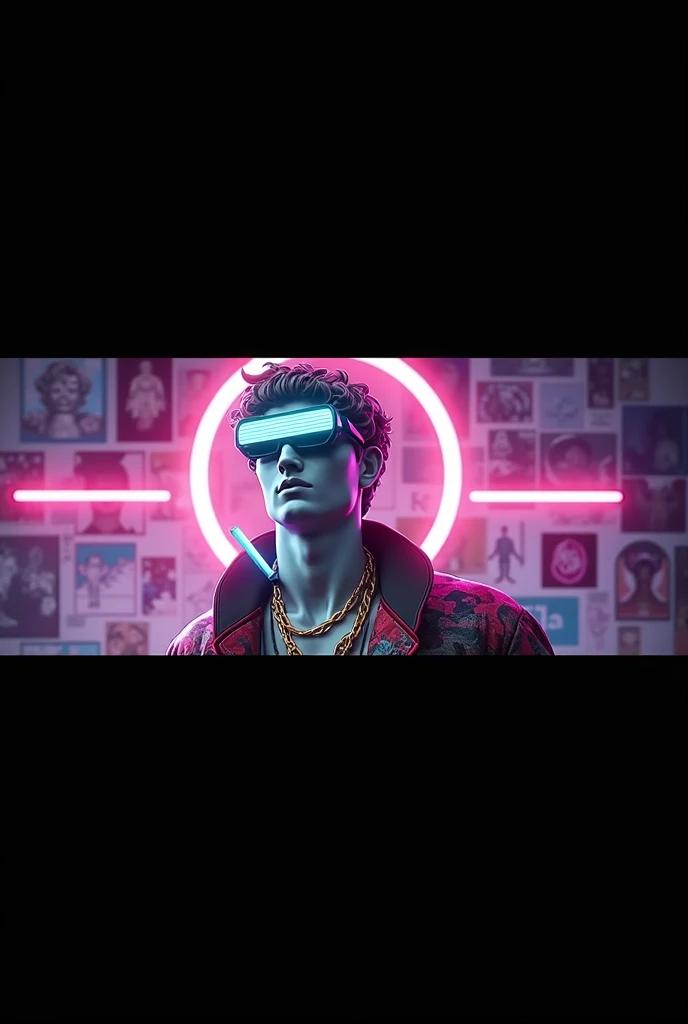 A striking digital artwork that masterfully blends classical Greek sculpture with futuristic cyberpunk elements, reimagining the iconic David figure as a bold, edgy character. The figure dons a graffiti-style jacket, a vibrant red circle headpiece, and 3D virtual reality glasses, exuding a modern flair. A luminescent neon cigarette adds a touch of surrealism, while a golden necklace symbolizes the eternal connection between past and present. Set against a mesmerizing collage of neon lights, digital illustrations, and high-contrast illumination, the background creates a nostalgic yet innovative atmosphere. This groundbreaking piece expertly merges traditional artistry with modern technology, challenging artistic conventions and sparking the imagination.