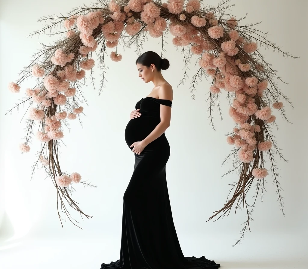 pregnant woman in black gown standing in front of floral arch, a picture inspired by Gabriel Ba, tumblr, conceptual art, black gown, maternal photography 4 k, flowing black gown, draped in velvet and flowers, stunning elegant pose, long luxurious gown, modest flowing gown, !!beautiful!!, long luxurious flowing gown, in front of white back drop, amazing professional picture