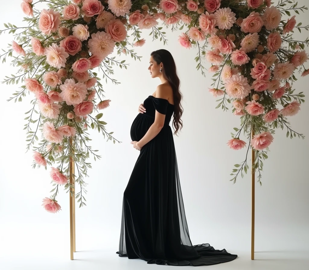 pregnant woman in black gown standing in front of floral arch, a picture inspired by Gabriel Ba, tumblr, conceptual art, black gown, maternal photography 4 k, flowing black gown, draped in velvet and flowers, stunning elegant pose, long luxurious gown, modest flowing gown, !!beautiful!!, long luxurious flowing gown, in front of white back drop, amazing professional picture