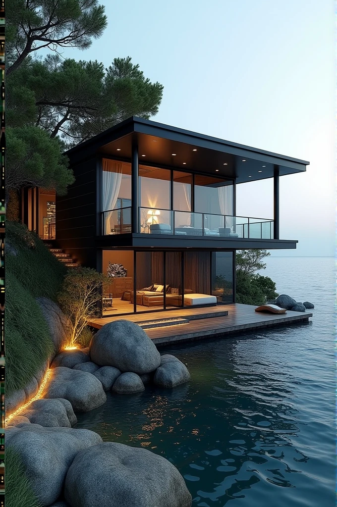 Beautiful bunglow seaside with luxurious interior design and exterior color should be black with big window opening towards sea 