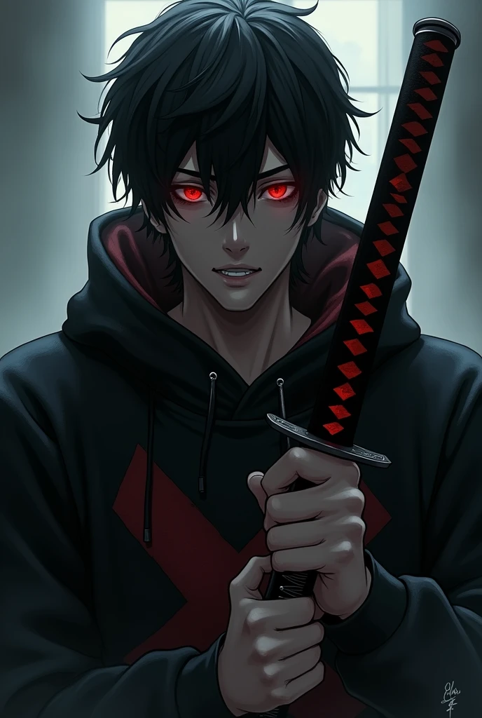 A dying male character with red eyes, black hair thrown to one side, black sweatshirt with red details and a katana 