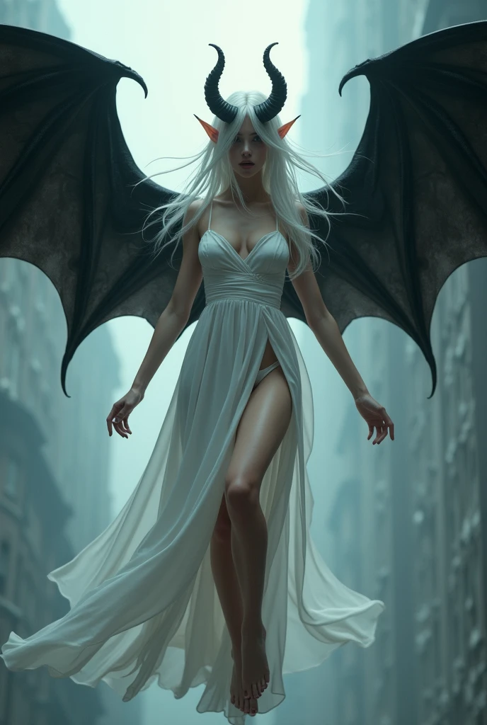 White haired woman with white dress and black wings falling, horned girl, devil horns, elf ears, cleavage, thigh, sexy, wide demonic wings