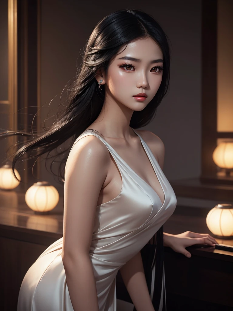 beautiful asian woman with black hair, detailed face, piercing black eyes, full lips, long lashes, porcelain skin, elegant dress, graceful pose, cinematic lighting, dramatic shadows, vivid colors, photorealistic, 8k, high quality.
