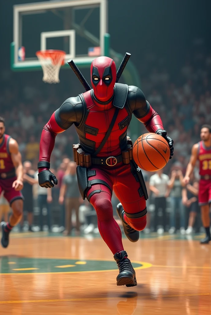 Deadpool playing basketball, hold basketball hands, in a stadium,stadium is full of crowds