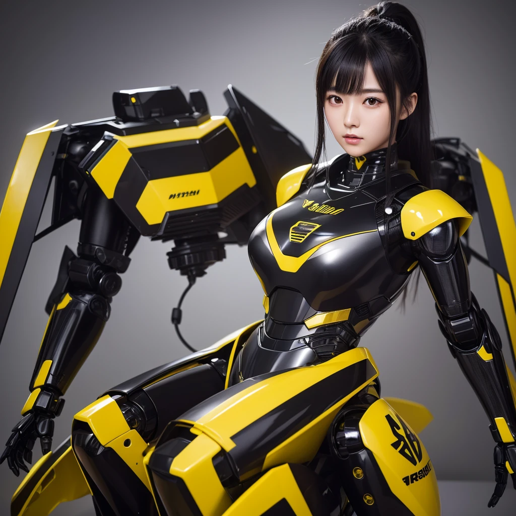 32k、Complex、Very detailed、whole body、Yellow and black female android、Being maintained at the maintenance facility