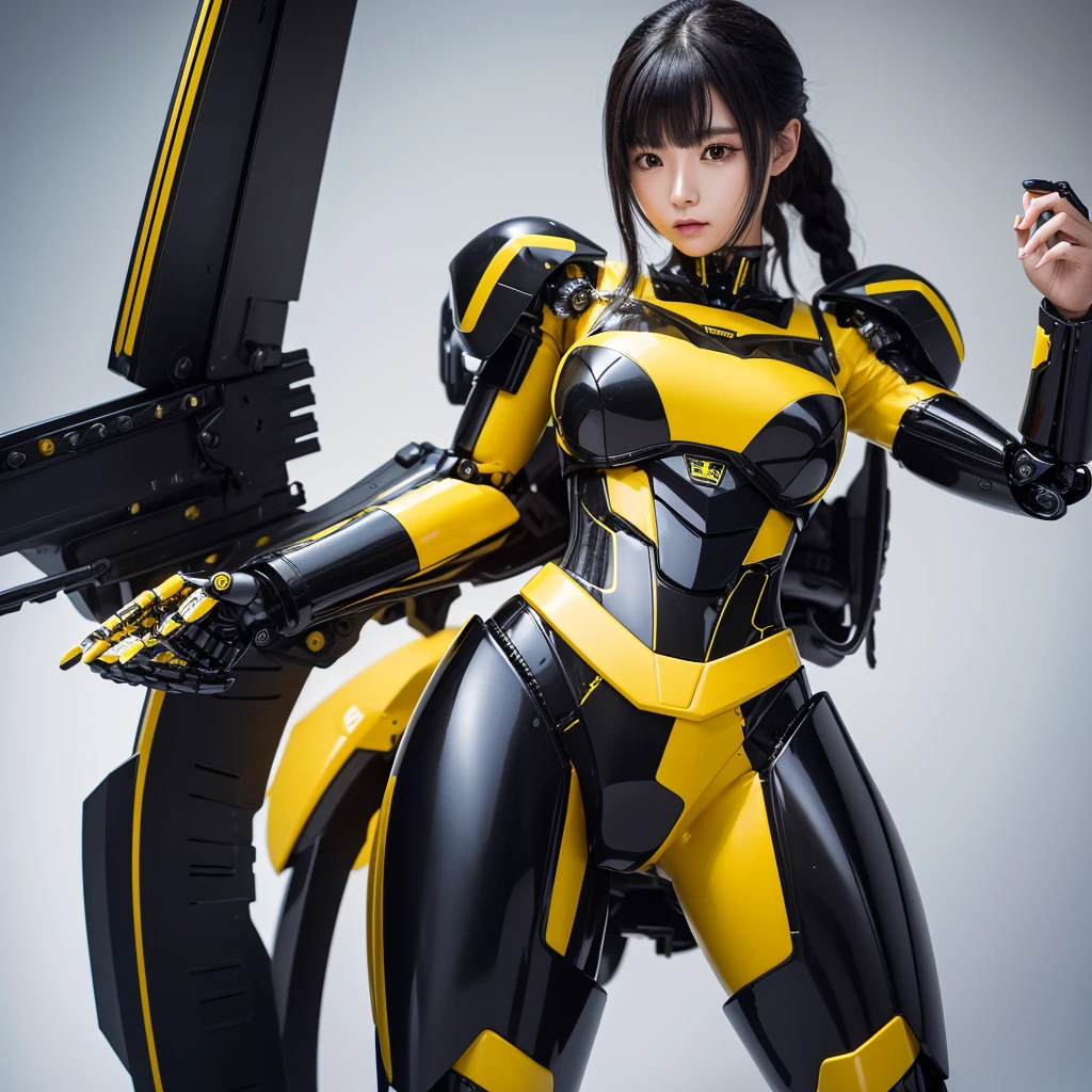 Highest quality，masterpiece，Ultra-high resolution, Very detailed, 8k，Beautiful 2 Japanese woman:1.5，Black Hair、 (black and yellow robot suit, Plump, Slightly thicker)