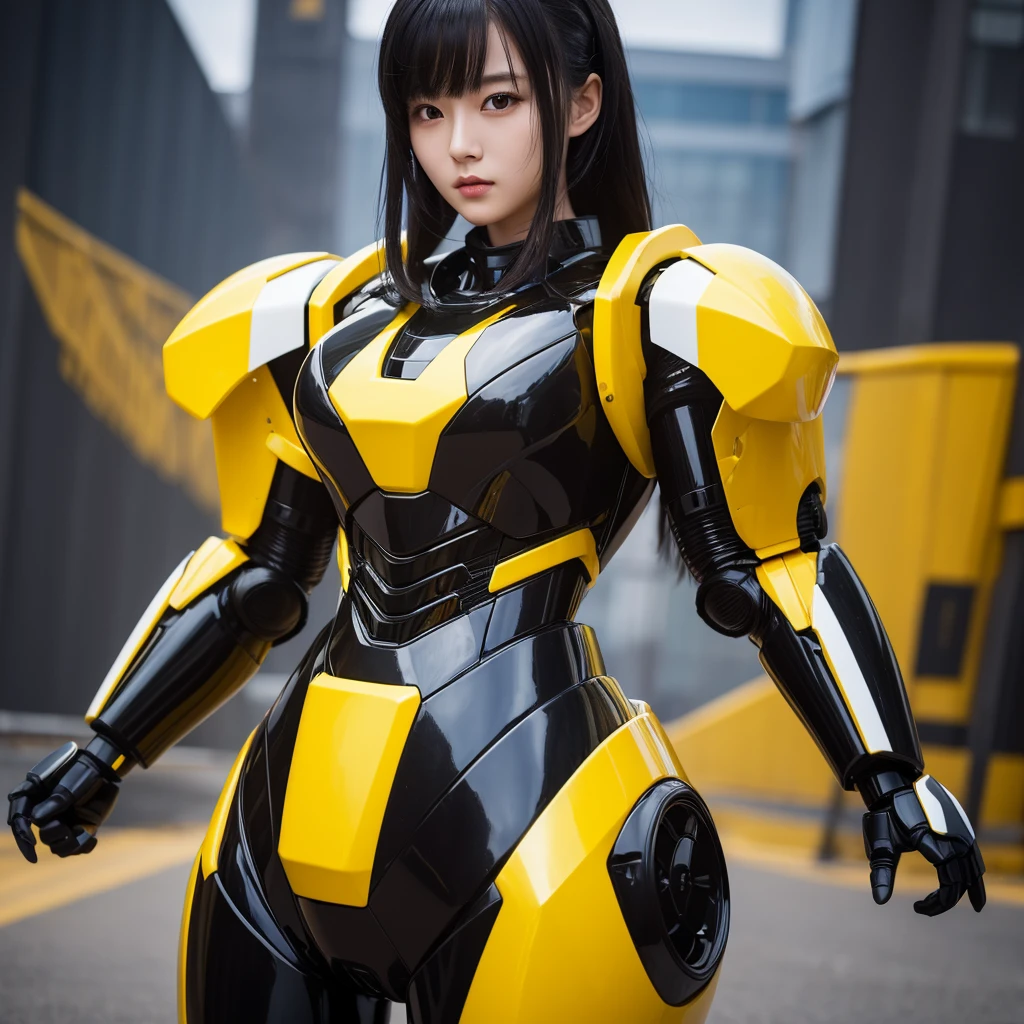 Highest quality,masterpiece,Ultra-high resolution, Very detailed, 8k,Beautiful 2 Japanese woman:1.5,Black Hair、 (black and yellow robot suit, Plump, Slightly thicker)