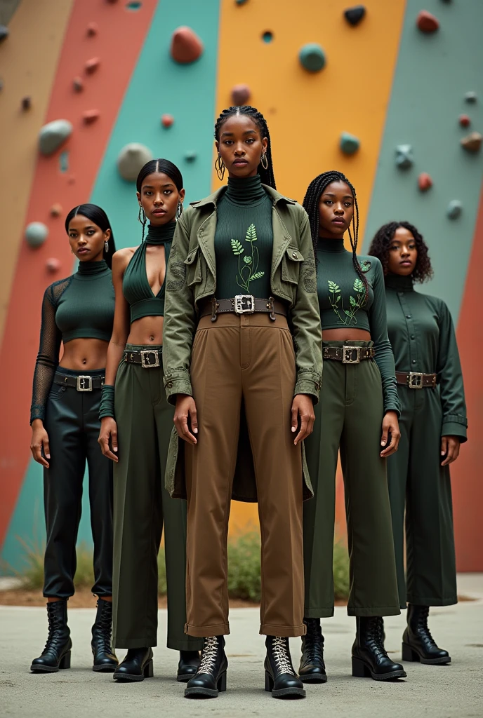 [Subject: Avant-Garde Outdoor Adventure Couture] A photorealistic image of a group of five women standing united in front of a modern outdoor climbing wall, their stance strong and confident. Each woman is dressed in a {high-fashion outdoor ensemble featuring complex layering and bold, nature-inspired designs}. The central figure wears a {fitted, high-collared bodysuit in deep forest green, adorned with intricate embroidery of leaves and vines that seem to climb up her body}. Over this, she wears a {tailored, asymmetrical jacket with sharp, angular lines, made of a matte, weather-resistant fabric in earthy brown tones, with exaggerated shoulders and a cinched waist}. Her legs are clad in {high-waisted, wide-leg trousers with subtle metallic threads woven through, catching the light with every movement}. Her footwear consists of {avant-garde ankle boots with chunky, rugged soles and silver buckles that reflect the natural surroundings}. Her hair is styled in a {long, intricate braid adorned with delicate, silver leaf charms that shimmer in the light}.

The other women wear similarly complex outfits, each blending textures like {leather, mesh, and metallic accents}, with features such as {draped scarves in rich autumnal tones, oversized belts with nature-inspired buckles, and arm cuffs resembling tree branches}. Their hairstyles are equally detailed, featuring {elaborate updos with braids and twists, some decorated with natural elements like small flowers or leaves}. 

The setting is a {contemporary outdoor climbing area, with the climbing wall as the backdrop, its colorful handholds arranged in organic patterns}. The women stand in a strong, united line in front of the wall, their expressions fierce and determined. The camera captures the scene from a {low-angle shot, emphasizing their strength and solidarity}. The {lighting is warm and natural, casting long shadows that add depth and drama to the scene}. The overall image is {cinematic, with high-resolution details 