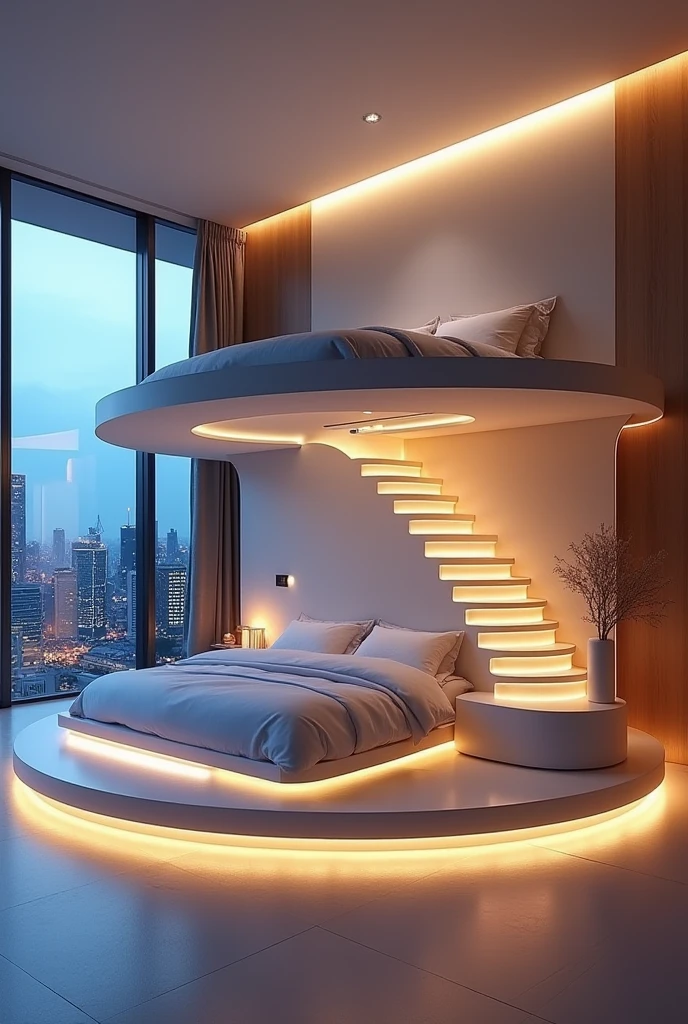 "A modern, luxurious bedroom featuring a unique two-level bed setup with curved, illuminated stairs connecting the two levels. The upper bed is circular and sits on a curved platform overlooking the lower bed, which is rectangular. The room has large, floor-to-ceiling windows showcasing a cityscape at dusk, with the warm ambient lighting giving the space a cozy and inviting atmosphere. The interior design is sleek and elegant, with light-colored bedding and soft, comfortable textures throughout the room. The color palette includes soft blues, warm whites, and neutral tones, enhancing the serene and sophisticated vibe of the space."