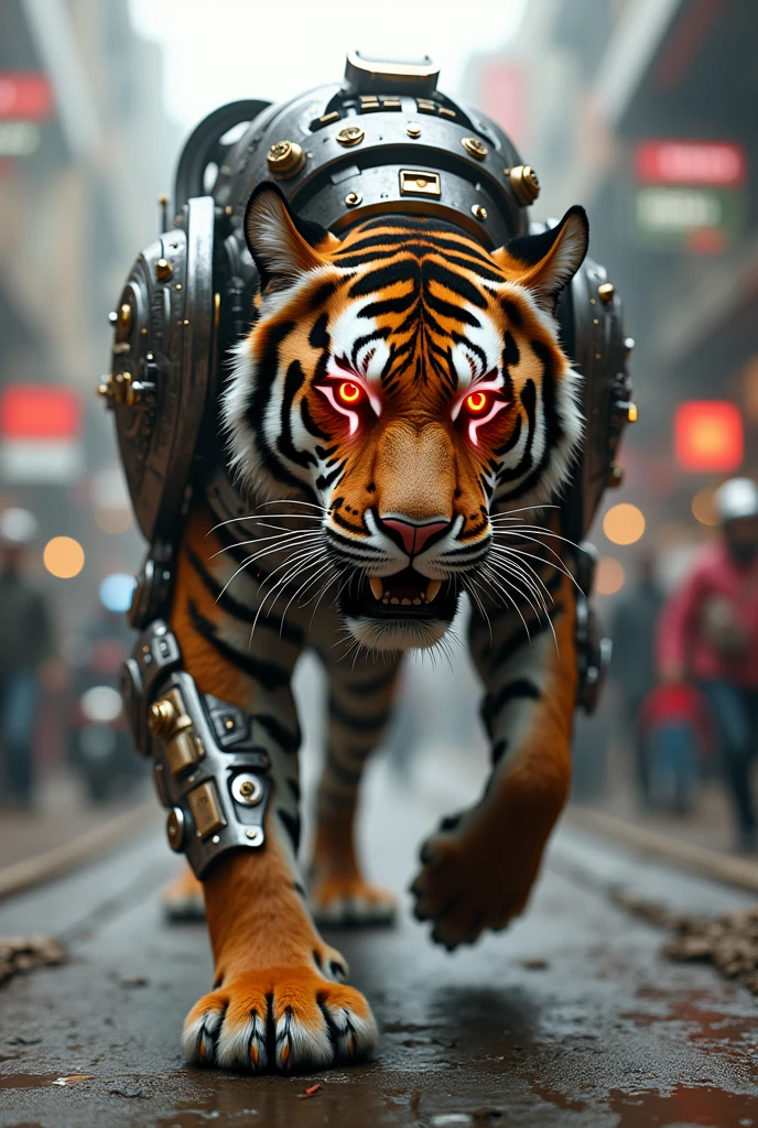 A tiger on delhi roads in transformer look with red eye