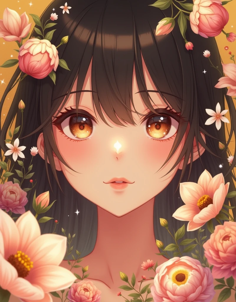a close up of a woman's face surrounded by flowers, stunning anime face portrait, beautiful anime portrait, beautiful anime art, beautiful anime art style, pinterest anime, detailed anime soft face, hd anime wallpaper, golden background with flowers, portrait anime girl, beautiful fantasy art portrait, detailed portrait of anime girl, ”beautiful anime woman, beautiful anime style, cute anime girl portrait