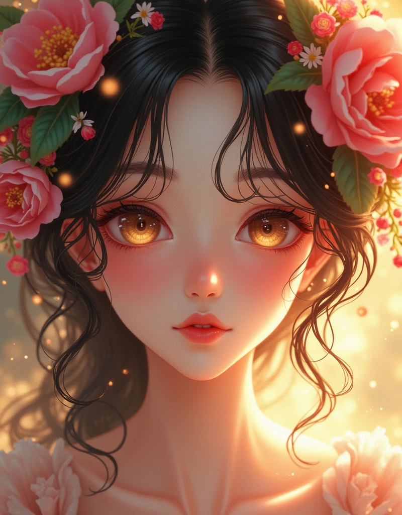 a close up of a woman's face surrounded by flowers, stunning anime face portrait, beautiful anime portrait, beautiful anime art, beautiful anime art style, pinterest anime, detailed anime soft face, hd anime wallpaper, golden background with flowers, portrait anime girl, beautiful fantasy art portrait, detailed portrait of anime girl, ”beautiful anime woman, beautiful anime style, cute anime girl portrait