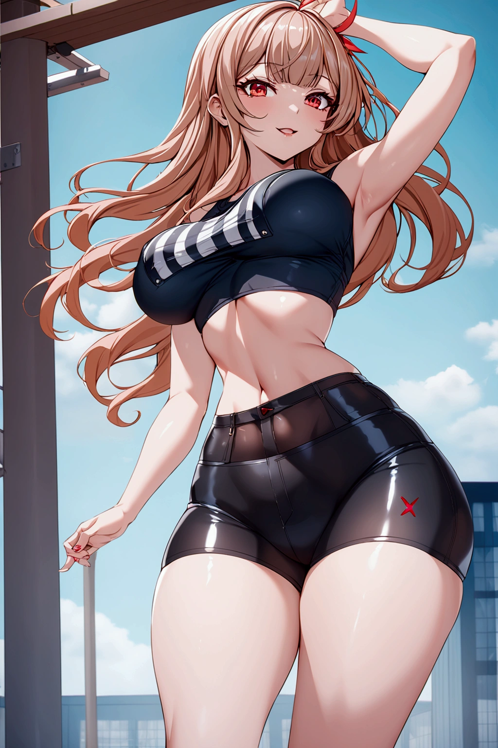 (high waist denim shorts with sweater), (Average breasts, perfect waist breast), firm breasts, slim waist, curvy figure, sonia, Short bob style hair, strip bangs, black+white hair, farm, shy smile, beautiful house, red eyes