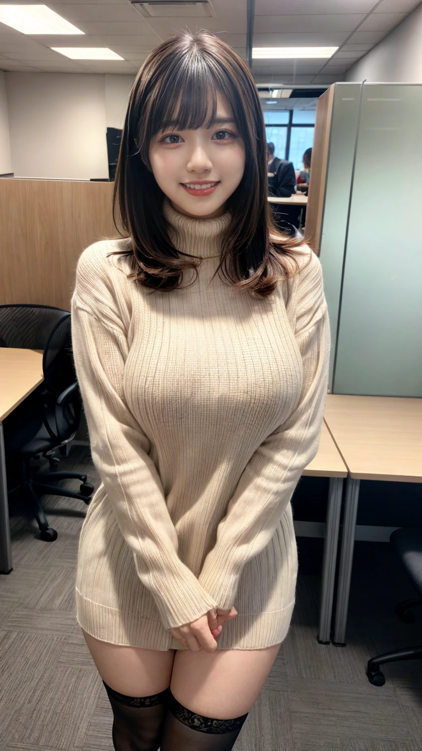 highest quality,Very detailed,finely,High resolution,8k wallpaper,Perfect dynamic composition,Office Lady,whole body,Are standing,knit,turtleneck,stockings,Shedding bangs,finelyて美しい目,Natural Lip,Saggy big breasts,smile,