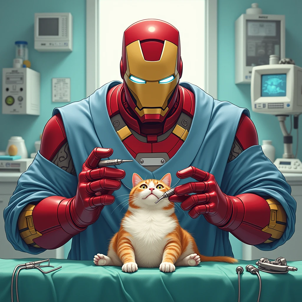 This image shows Ironman in a surgical setting, seemingly performing surgery on a cat. He is wearing his usual costume but with a surgical gown over it, and he’s holding surgical tools. The scene is humorous and surreal, combining the seriousness of surgery with the playful idea of Spider-Man as a veterinarian.