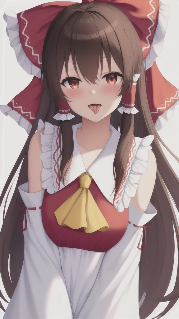 Human girl, Reimu Hakurei, heart shaped eyes, ribbon, heart, solo, red ribbon, hair tube, symbolic eyes, hair ribbon, tongue, goofy face, blush, detached sleeve, open mouth, ascot, brown hair, tongue out, upper body, ruffle, looking at viewer, bare shoulders, bangs, ruffled ribbon, yellow ascot, collarbone, ribbon trim, hair on side, red eyes