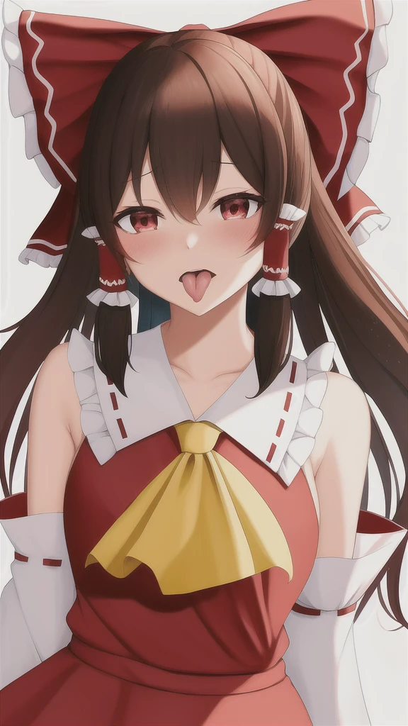 Human girl, Reimu Hakurei, heart shaped eyes, ribbon, heart, solo, red ribbon, hair tube, symbolic eyes, hair ribbon, tongue, goofy face, blush, detached sleeve, open mouth, ascot, brown hair, tongue out, upper body, ruffle, looking at viewer, bare shoulders, bangs, ruffled ribbon, yellow ascot, collarbone, ribbon trim, hair on side, red eyes