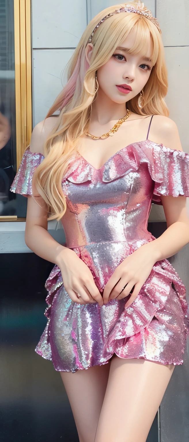 Gorgeous idol girl、whole body、Good style、、、、、、、、、、Thick legs、、、Shiny pink sequined ruffle dress(gold chain diadem)、、Cool girl face、、、、、Gorgeous Blonde Hair、