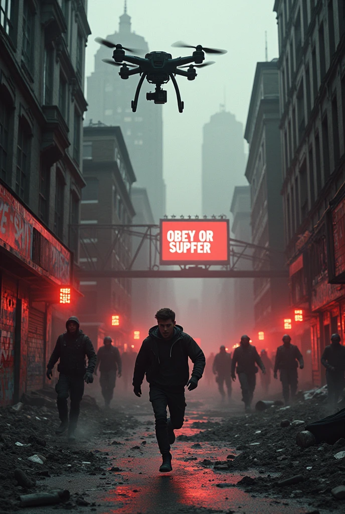 Imagine a city in ruins, with half-destroyed buildings and deserted streets, wrapped in an oppressive and dark atmosphere. In the center of the scene, a young man runs desperately through a narrow, dirty alley, with a face full of panic. He doesn't wear the mandatory microchip on his index finger, which makes him a target for hunting.
Behind him, a group of drones and soldiers in black uniforms advance relentlessly, armed with advanced technology and scanners that seek to identify those who do not comply with the law. The red lights of the drones illuminate the young man's figure, highlighting his desperation as he jumps over rubble and dodges the remains of abandoned vehicles.
The environment around him is bleak, with walls covered in graffiti protesting the government's oppressive control. The long shadows of the pursuers are projected on the walls, increasing the feeling of imminent capture. In the background, a giant screen displays the message "Obey or Suffer," while distant sirens and the echo of footsteps resonate, creating an atmosphere of tension and total despair.