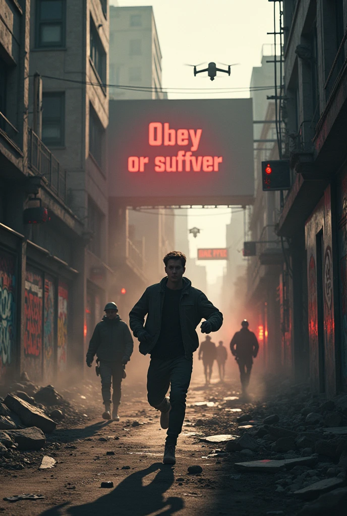 Imagine a city in ruins, with half-destroyed buildings and deserted streets, wrapped in an oppressive and dark atmosphere. In the center of the scene, a young man runs desperately through a narrow, dirty alley, with a face full of panic. He doesn't wear the mandatory microchip on his index finger, which makes him a target for hunting.
Behind him, a group of drones and soldiers in black uniforms advance relentlessly, armed with advanced technology and scanners that seek to identify those who do not comply with the law. The red lights of the drones illuminate the young man's figure, highlighting his desperation as he jumps over rubble and dodges the remains of abandoned vehicles.
The environment around him is bleak, with walls covered in graffiti protesting the government's oppressive control. The long shadows of the pursuers are projected on the walls, increasing the feeling of imminent capture. In the background, a giant screen displays the message "Obey or Suffer," while distant sirens and the echo of footsteps resonate, creating an atmosphere of tension and total despair.
