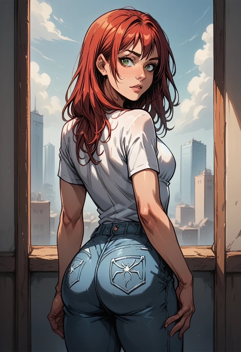 score_9, score_8_up, score_7_up, BREAK, score_9, MJW, long hair, freckles, green eyes, red hair, white shirt with spiderman logo, spiderman logo, short sleeves, jeans pants, looking at viewer, cowboy shot, ass, from behind, bedroom