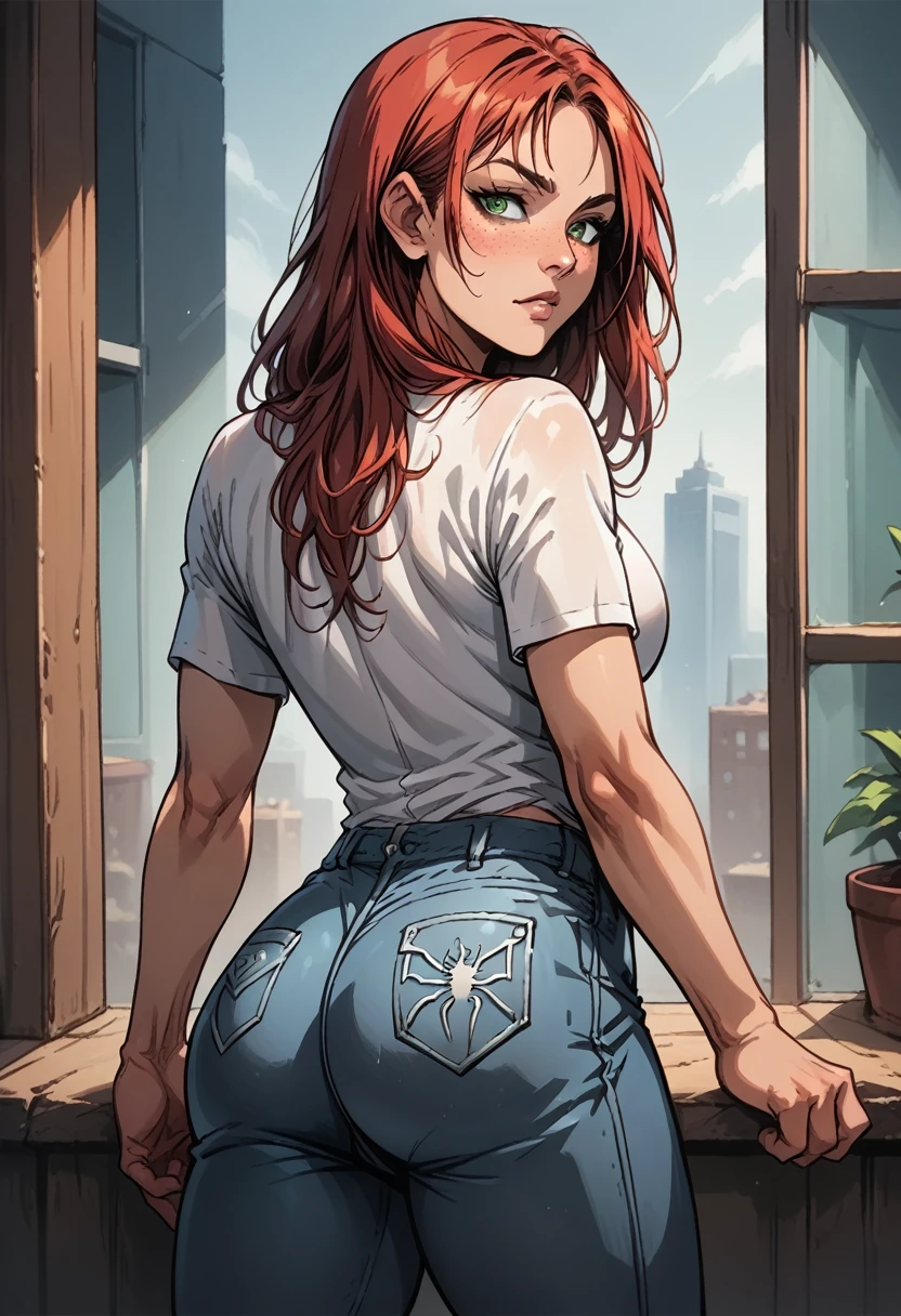 score_9, score_8_up, score_7_up, BREAK, score_9, MJW, long hair, freckles, green eyes, red hair, white shirt with spiderman logo, spiderman logo, short sleeves, jeans pants, looking at viewer, cowboy shot, ass, from behind, bedroom