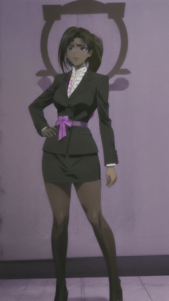 90s anime Skinny Black skinned business woman in a purple double breasted skirt suit , black skirt , and tie full body