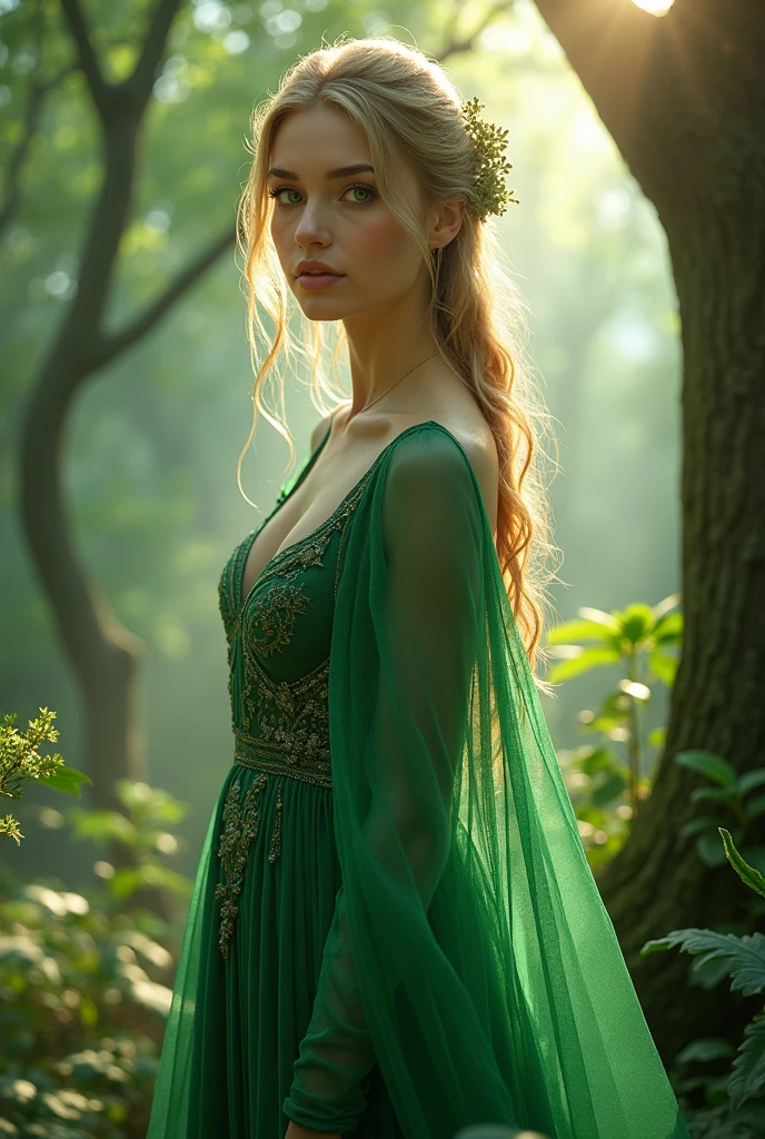 (photorealism:1.2), beautiful goddess wearing a green outfit. In an enchanted forest.
