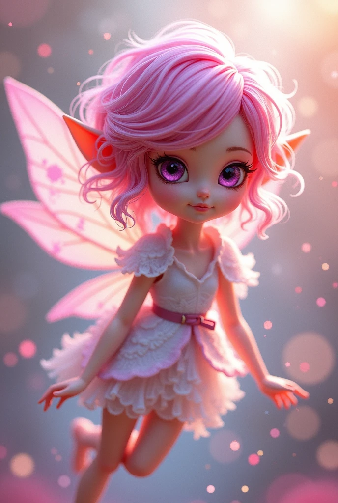 Pink haired butterfly fairy with purple eyes and white shirt