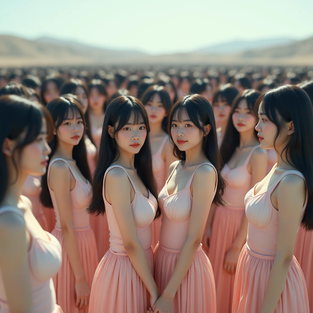 (((((Japanese Clone girls=Myself)))))), (((Best Super High quality Myself Clone girls Raw Photography Art))), (16K, Highest quality, Ultra-high resolution, RAW Photos), (((It's so unrealistic., With unparalleled depiction, With an unfathomable sight, An unprecedented and shocking worldview, Clone girls in a world of mass reproduction, Ultra-realistic))), (((Japanese, woman, 24yo, Ishihara Satomi))), (Small face, ((Thick black hair, Semi-long hair))), ((V-neck short-sleeve dress)), (((((Very detailed美しい女体, Accurate body structure, Very detailed完璧な, Super busty body with very large breasts, Clearly emphasizes cleavage))))), (((Dark Eyes, Mature face, Cute Smile, A gentle gaze))), (((Her happy and smiling expression is so cute))), ((((((((Very detailed分身増殖描写, ((1girl→Myself cloning→1,000,000,000,000,000,000,000,000,000,000,000,000,000,000,000,000,000,000,000,000Myself Clone girls)))))))))), ((((((((Very detailed, The precise depiction of the proliferation of Myself Clone girls, ((With the perfectly identical bodies of Myself clone girls, With the exact same face as the Myself clone girls, With the exact same hairstyle as the Myself clone girls, In the exact same clothes as the girls who are my clones, Perfectly the same height as the Myself clone girls, Super big breasts, just like the Myself clone girls)))))))))), (((Myself clone girls only))), (((Multiple pairs, Very detailed depiction, (Myself clone girls hug each other, Myself clone girls assemble, Fun conversations with fellow Myself clone girls, A fun conversation between Myself clone girls, Myself clone girls holding hands, Walking with lots of Myself clone girls)))), (((Everyone looks at the camera))), (((Unbelievably crowded, Transcendent Myself clone girls intimately, Countless Myself clone girls surround you in 360 degrees))), (Bright, soft sunlight), (((Very wide field of view, Very detailed, Detailed ultra-perspective depiction with clear depth, wide view))), (((((Landscape with a curved slope))))), (((Very photographic and detailed depiction, Myself clone girls will multiply infinitely and fill the surroundings from one side to the horizon with their bodies tightly packed together without any gaps., A scene of endless Myself clone girls and a fun atmosphere))), (Focus on the average value of the image)