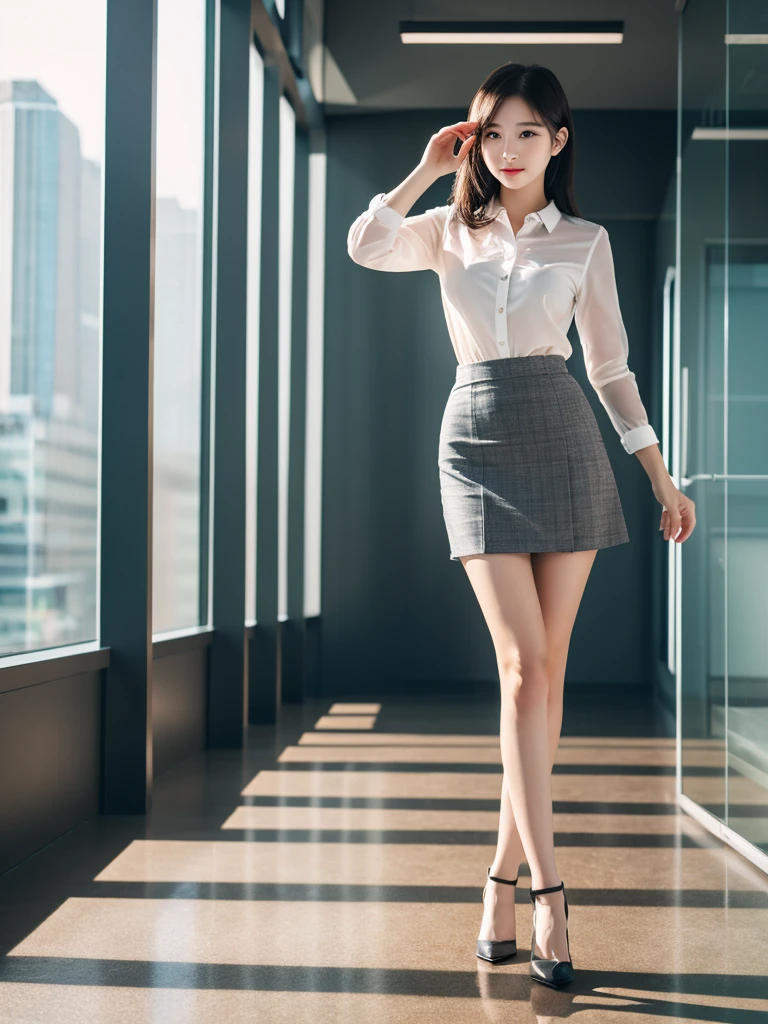 8k,RAW photo,best quality,masterpiece,realistic,photo-realistic,slender lady,full body,office,(see through mini skirt),simple background,