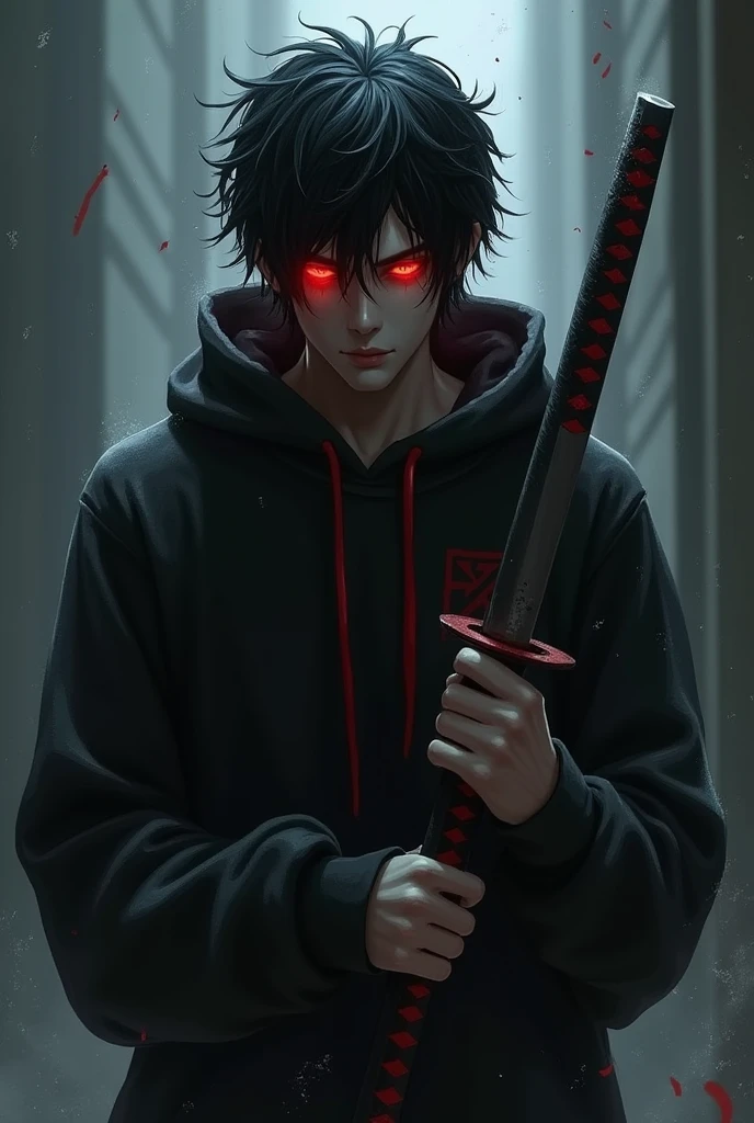 A dying male character with red eyes, black hair thrown to one side, black sweatshirt with red details and a katana