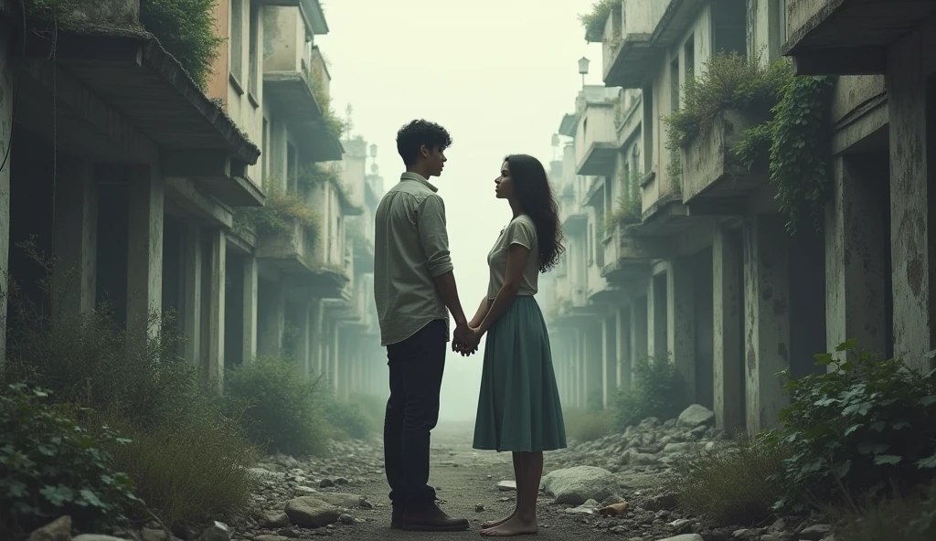 A boy age 35 years name June A girl age 28 years name Julie Both are standing holding each other's hands Not looking at each other's appearance In the background many buildings are dilapidated and very old.