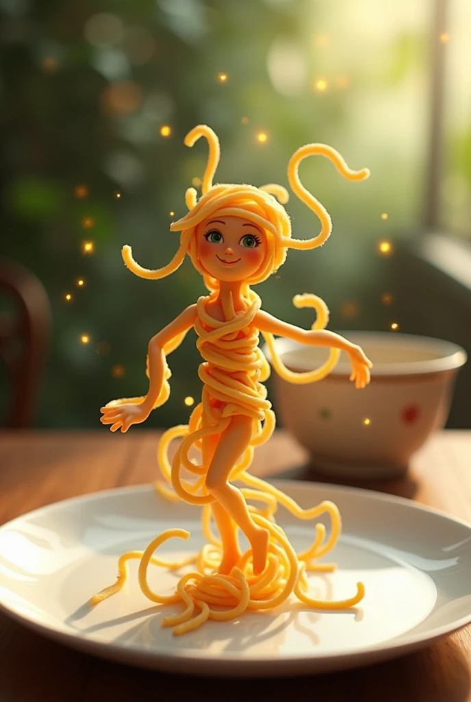 Leonardo Ai Prompt - " A whimsical miniature figure composed of delicately arranged noodles, poised in a carefree dance on the rim of a plate, white shiny plate, set on a table, vibrant kitchen backdrop, where dappled sunlight filters through the canopy above, casting intricate shadows. The overall aesthetic is ethereal, with warm, earthy tones of sienna, umber, infused with hints of emerald and golden light, evoking a sense of wonder and enchantment, as if plucked from a fantastical realm. Luma Labs Ai prompt - " A human like figure made of noodles dancing.
