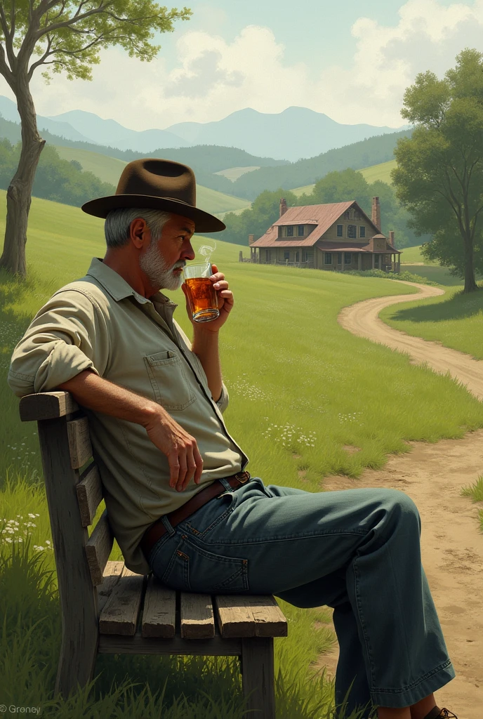 A simple house with an old grandfather smoking