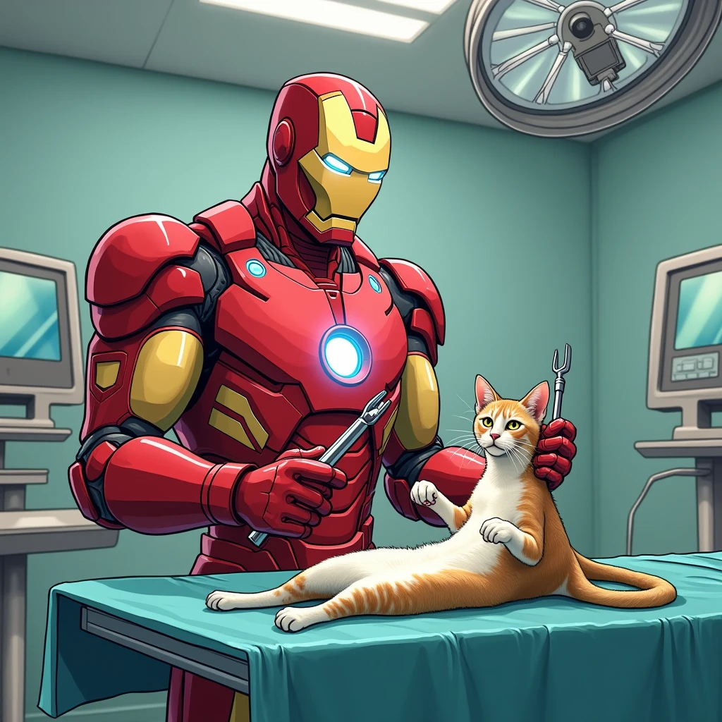 This image shows Ironman in a surgical setting, seemingly performing surgery on a cat. He is wearing his usual costume but with a surgical gown over it, and he’s holding surgical tools. The scene is humorous and surreal, combining the seriousness of surgery with the playful idea of Spider-Man as a veterinarian.