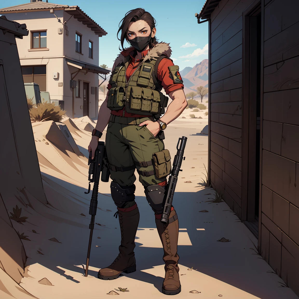 Very detailed, neutral facial expression, figure, full body view, looking at viewer, black and red uniform, black boots, holding desert eagle with silencer , Ghillie masks , character for rainbow six name is nokk , military vest .