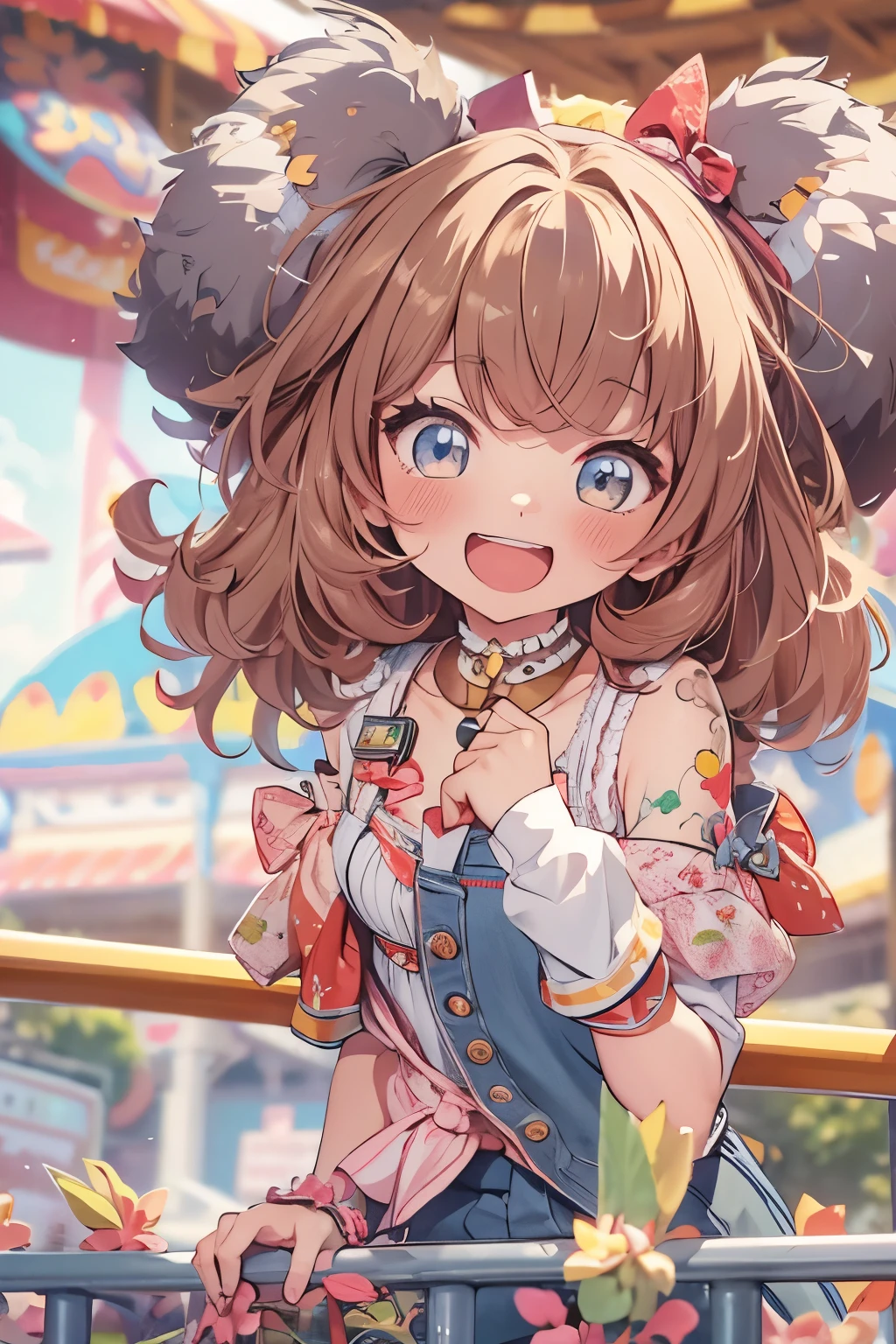 Top quality, highly detailed, UHD, idol, playing at an amusement park, cute and beautiful anthropomorphic koala girl with brown curly bob hair wearing a heart-shaped choker, casual clothes