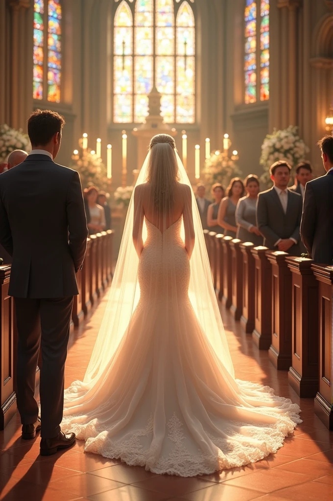 A bride walks towards the church door, while the groom anxiously waits for her at the altar.