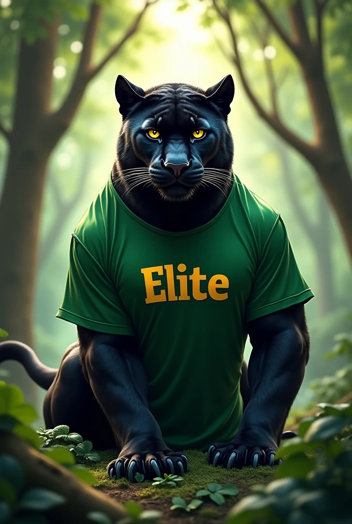 A STRONG BLACK PANTHER WITH A GREEN SHIRT WITH THE NAME ELITE SHE WAS IN A FOREST 