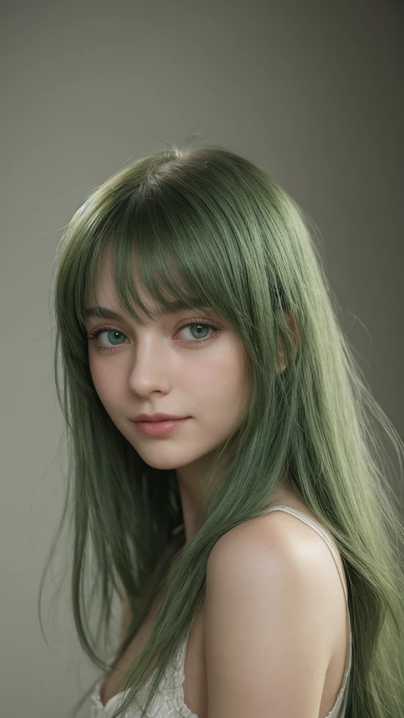 a girl. European. Extremely detailed face. Oval face. Delicate facial features. Half-closed eyes. Long straight hair. Messy hair. Bangs. Green hair. Green eyes. Pensive. Melancholic. Ethereal. Innocent. smile