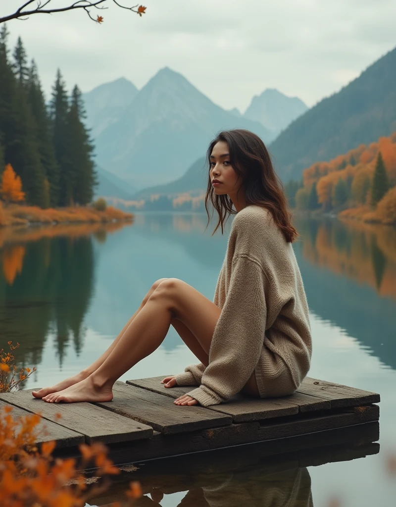 serene female model sitting on a rustic wooden dock by a peaceful lake, surrounded by autumn foliage. She’s dressed in a cozy oversized sweater and shorts, with her legs dangling over the water, and a dreamy look on her face. The background is rich with fall colors, calm water, and mountains in the distance."