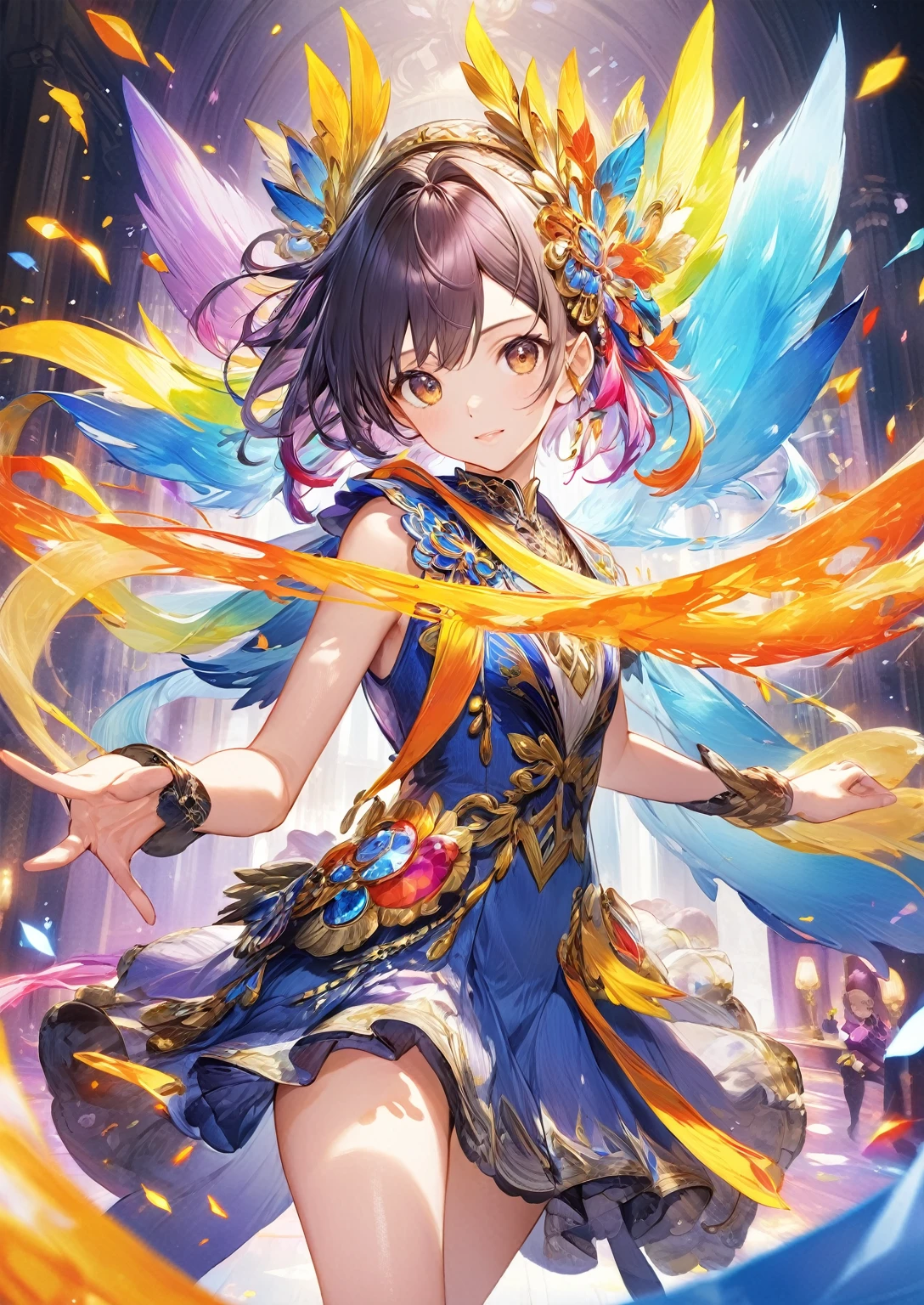 (masterpiece, Highest quality, Official Art:1.2), (colorful), Looking at the audience, one person's, alone, White Background, floating colorful water, Ultra-fine illustrations, highly detailed, Dynamic Angle, beautiful detailed, 8k, break smiling amidst the colorful scenes, (Highest quality, masterpiece, High resolution, detailed), Anime Style, (Shining Eyes, detailed美しい顔), break,Dynamic Angle