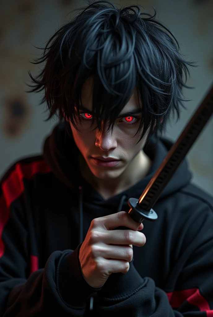 AN unconscious male character with red eyes, black hair tossed to one side, black sweatshirt with red details, and a katana