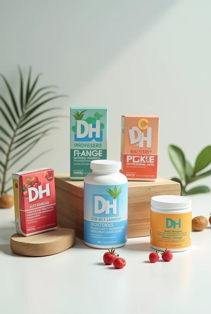 Create a line of varied supplements with the DH logo prominently displayed